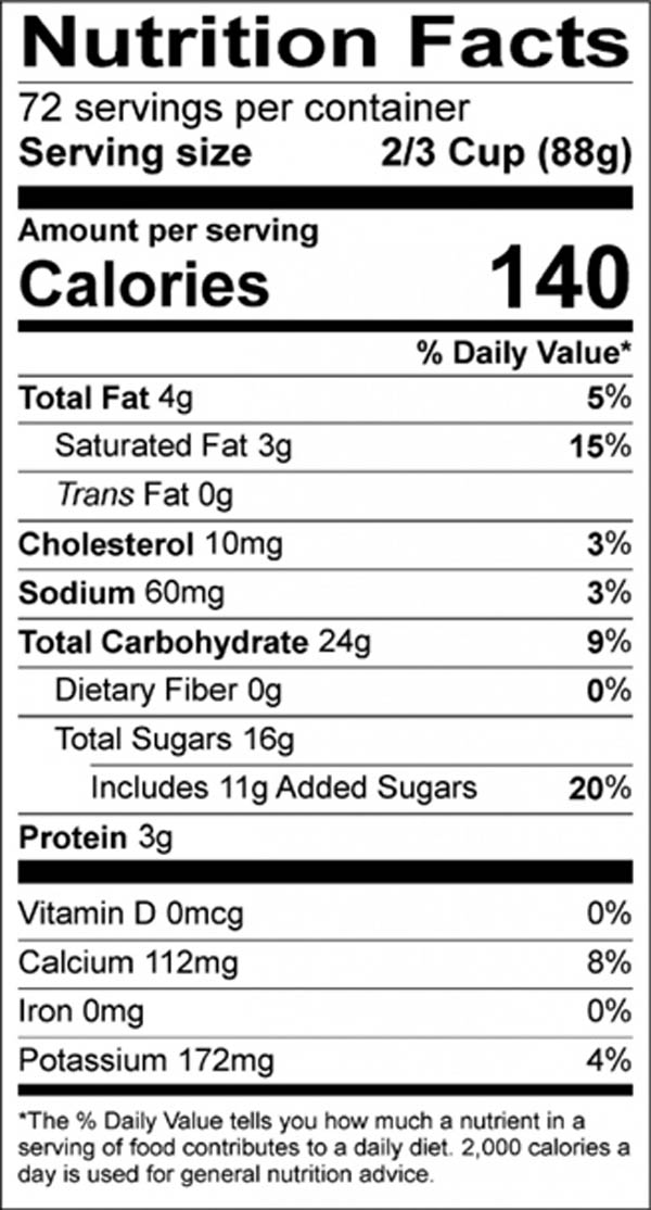 Lightlymaid Vanilla Nutrition Label